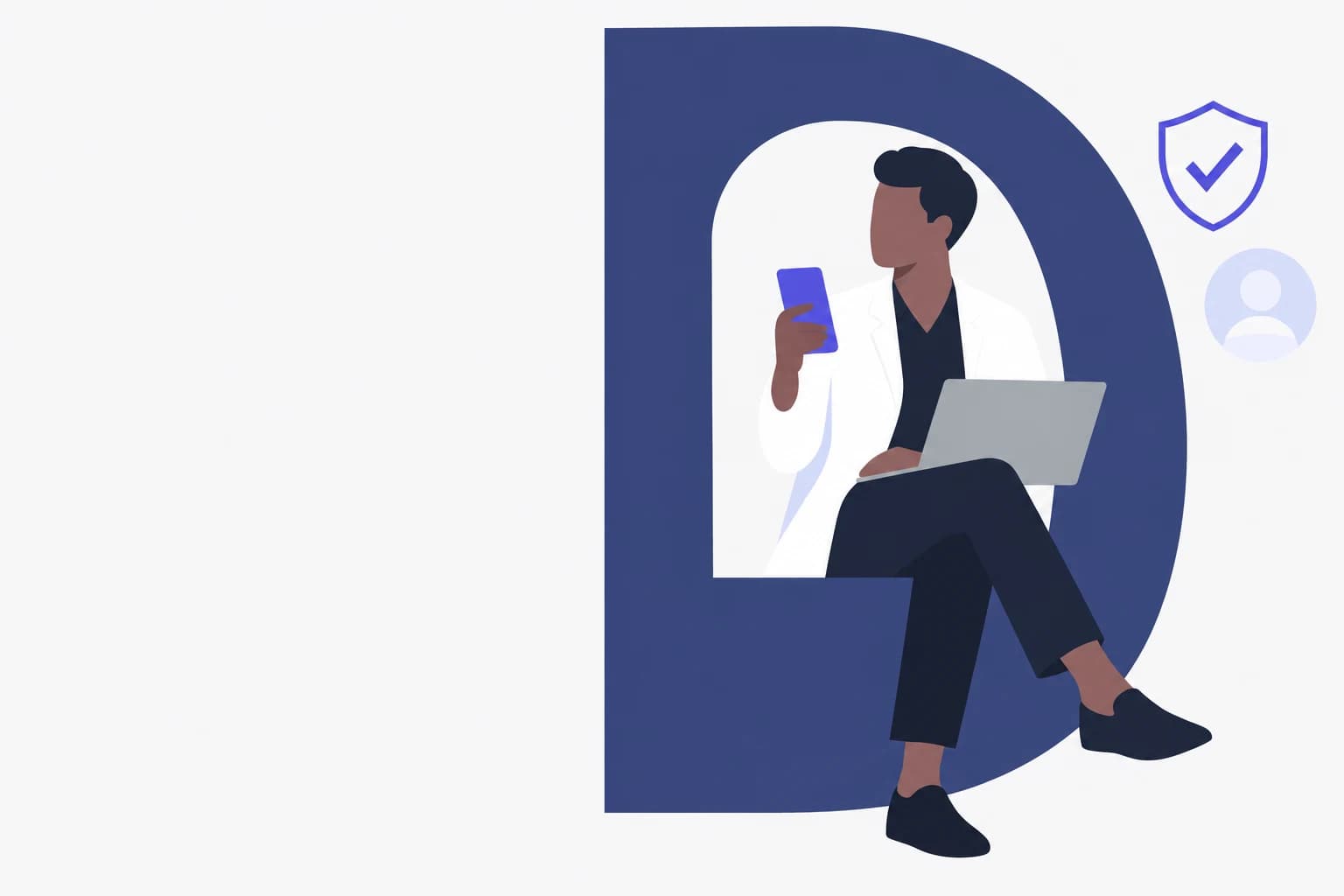 Kendi DoctorHub profil analizlerini dizüstü bilgisayarda inceleyen cerrah çizimi